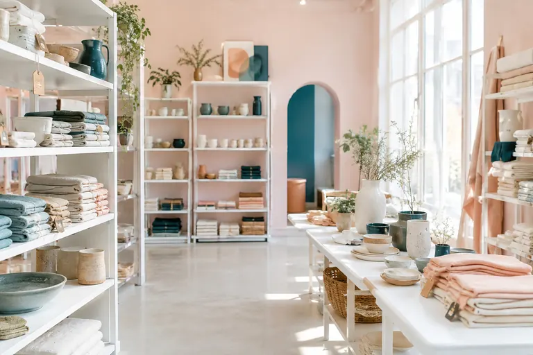 Concept store lumineux aux étagères blanches où les produits sont rangés par catégories
