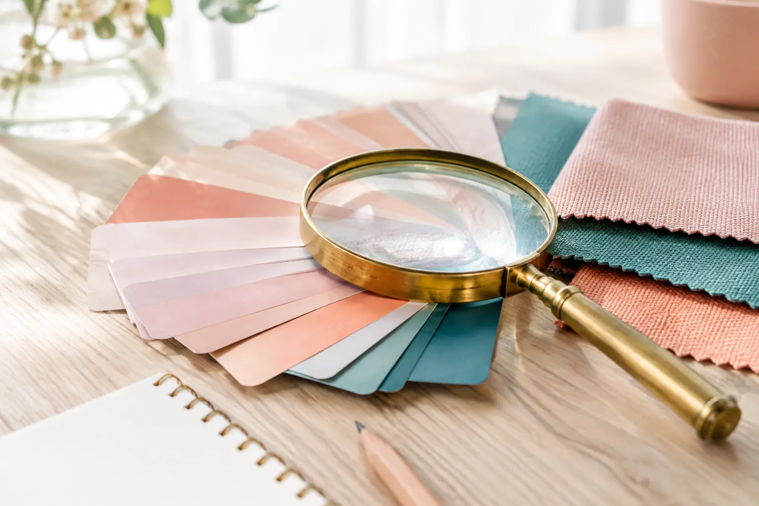Loupe posée sur un nuancier de produits, symbole de la recherche interne d’un site e-commerce exploitée pour le SEO